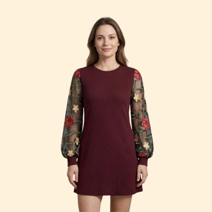 Women's Mini Dress with Floral Bishop Sleeves