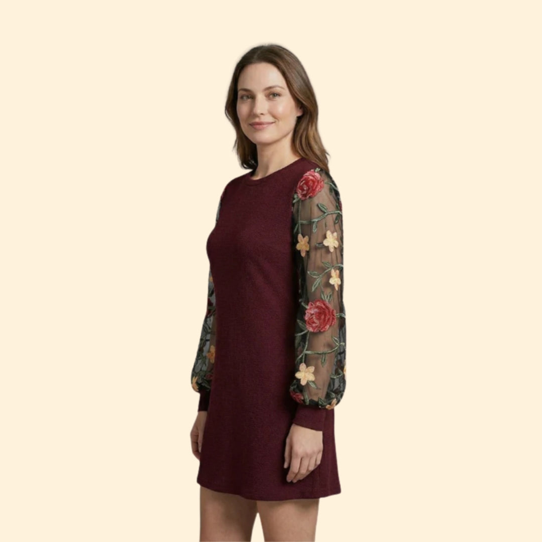 Women's Mini Dress with Floral Bishop Sleeves