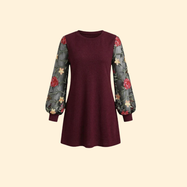 Women's Mini Dress with Floral Bishop Sleeves