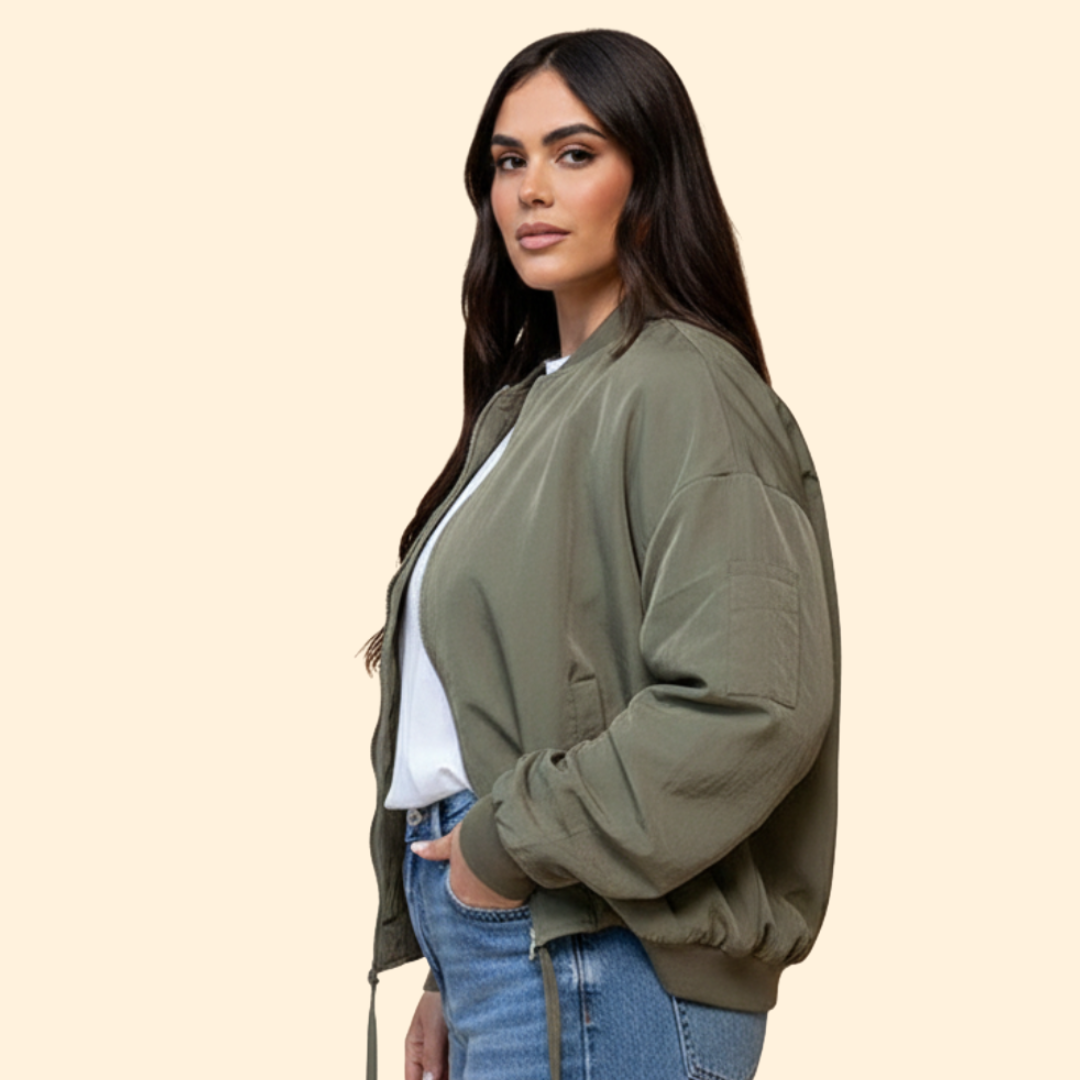 Women’s Oversized Bomber Jacket with Extended Sleeve Design