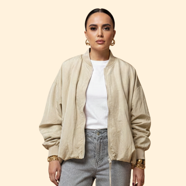 Women’s Oversized Bomber Jacket with Extended Sleeve Design