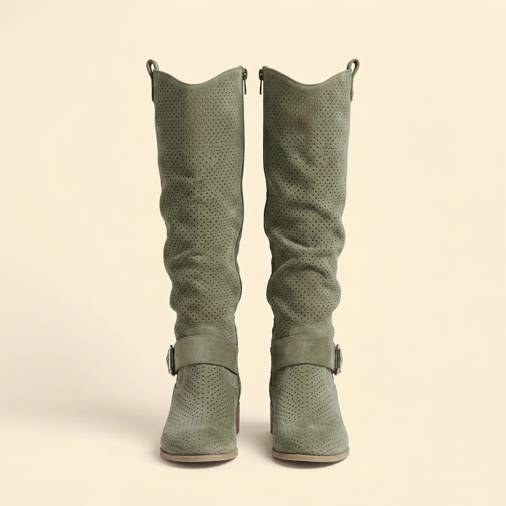 Women’s Perforated Knee-High Boots with Buckle
