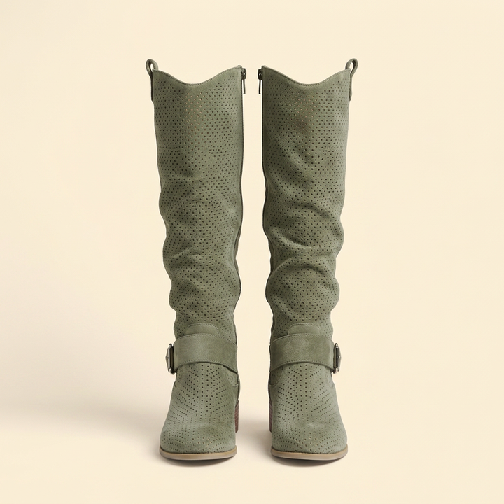 Women’s Perforated Knee-High Boots with Buckle