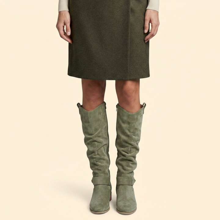 Women’s Perforated Knee-High Boots with Buckle