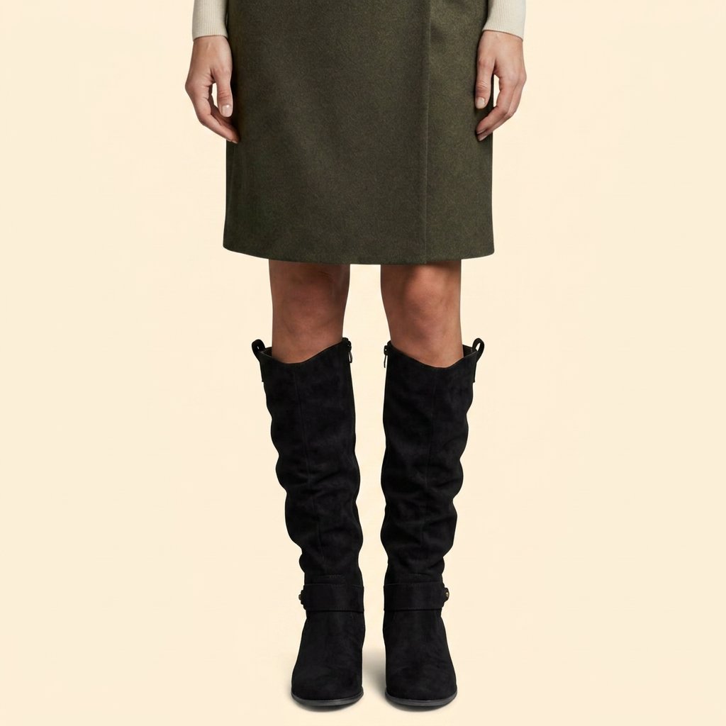 Women’s Perforated Knee-High Boots with Buckle