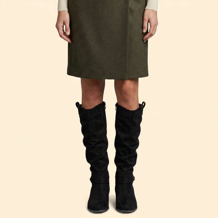 Women’s Perforated Knee-High Boots with Buckle