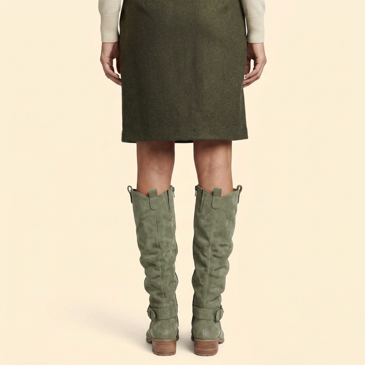 Women’s Perforated Knee-High Boots with Buckle