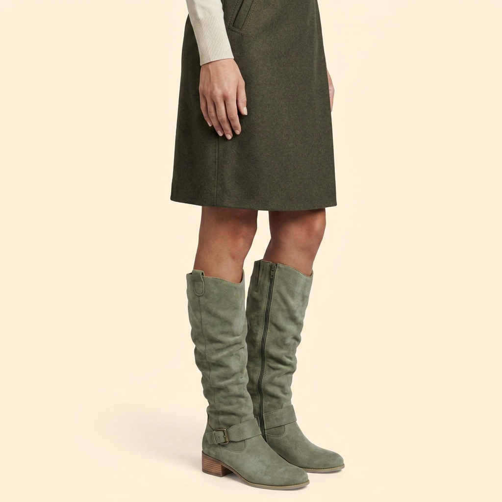 Women’s Perforated Knee-High Boots with Buckle