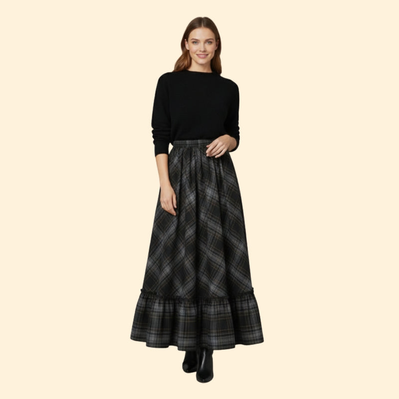 Women’s Plaid Maxi Skirt with Ruffled Hem