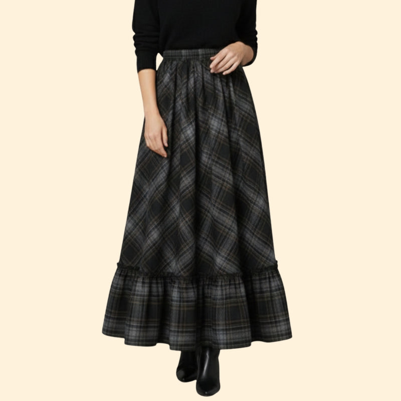 Women’s Plaid Maxi Skirt with Ruffled Hem