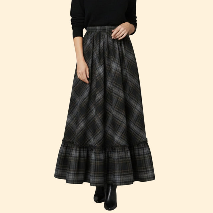 Women’s Plaid Maxi Skirt with Ruffled Hem
