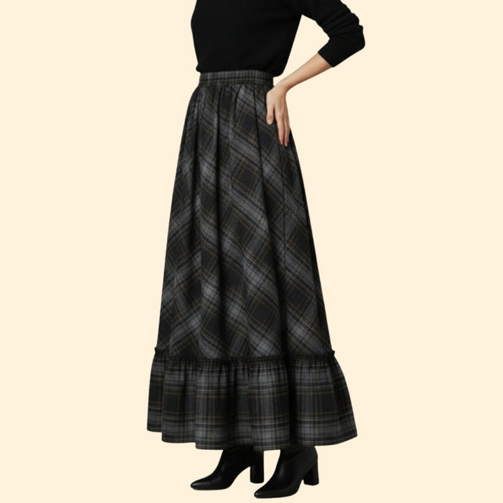 Women’s Plaid Maxi Skirt with Ruffled Hem