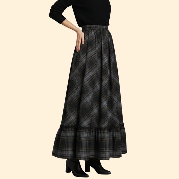 Women’s Plaid Maxi Skirt with Ruffled Hem