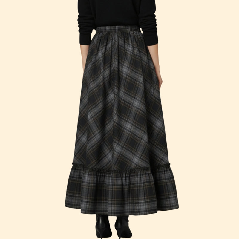 Women’s Plaid Maxi Skirt with Ruffled Hem