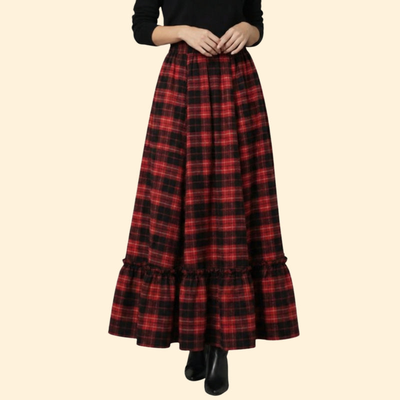 Women’s Plaid Maxi Skirt with Ruffled Hem