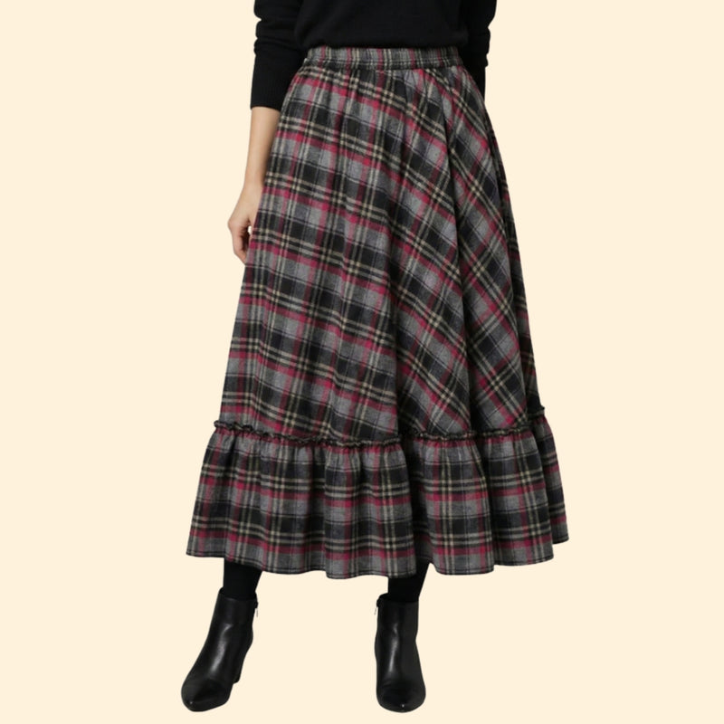 Women’s Plaid Maxi Skirt with Ruffled Hem