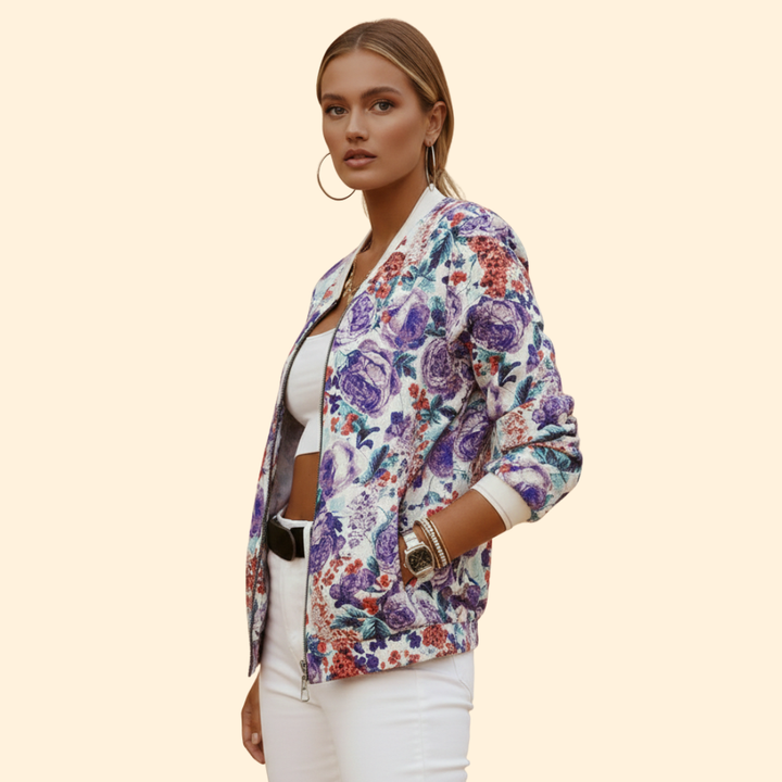 Women’s Fashion Bomber Jacket with Floral Print Design