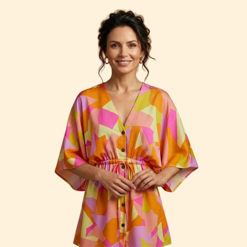 Women’s Printed Mini Dress with Batwing Sleeves