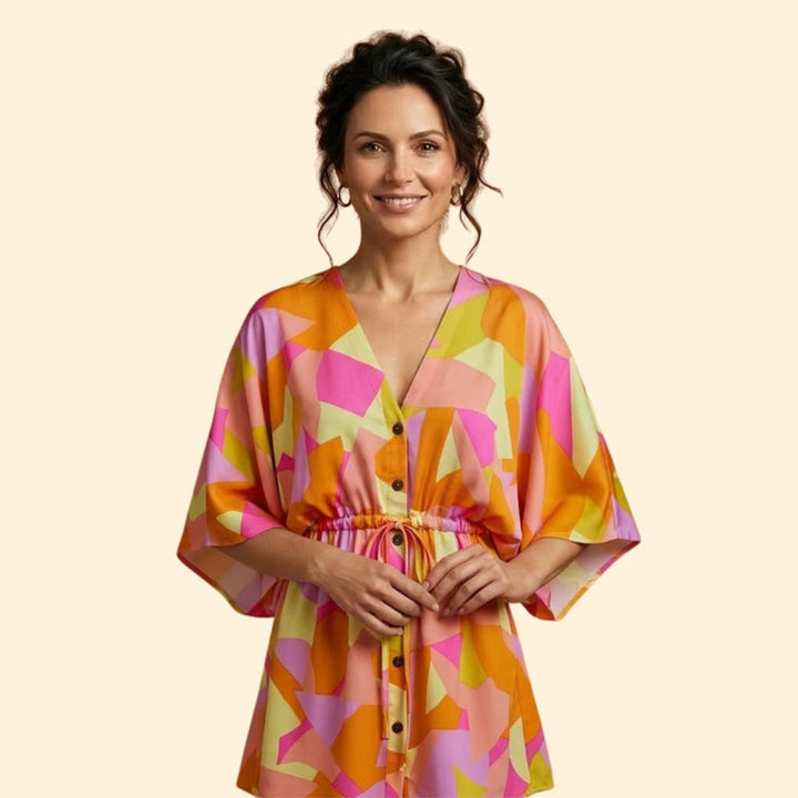 Women’s Printed Mini Dress with Batwing Sleeves