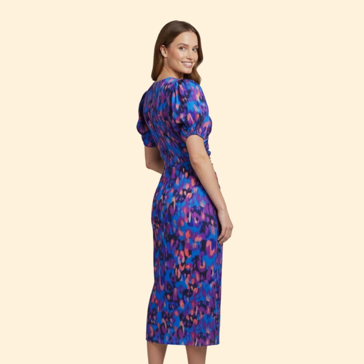 Women’s Puff Sleeve Midi Dress with V-Neckline