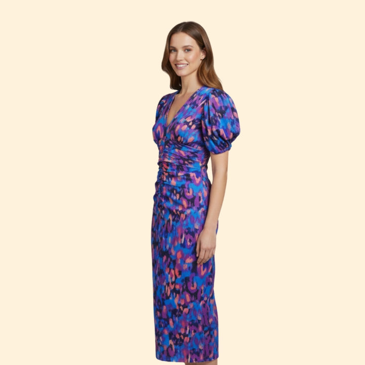 Women’s Puff Sleeve Midi Dress with V-Neckline
