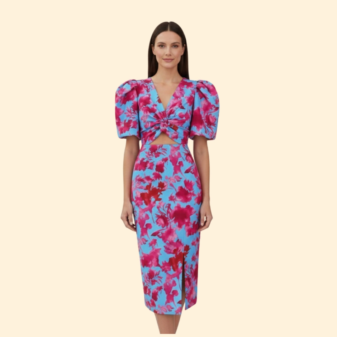 Women’s Puff Sleeve Midi Dress with V-Neckline
