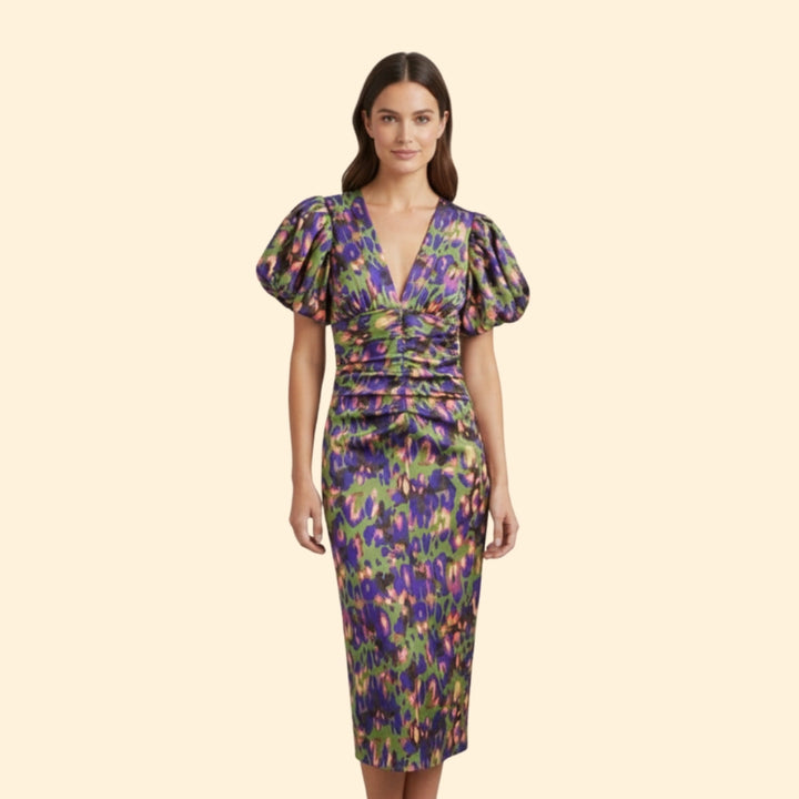 Women’s Puff Sleeve Midi Dress with V-Neckline