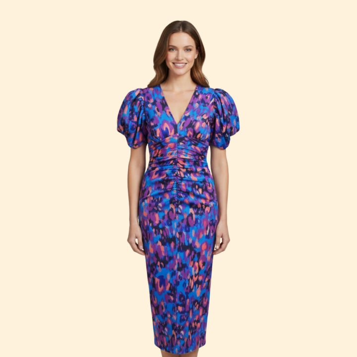 Women’s Puff Sleeve Midi Dress with V-Neckline