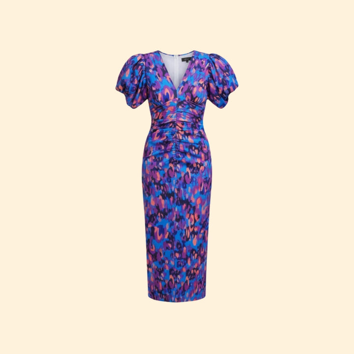 Women’s Puff Sleeve Midi Dress with V-Neckline