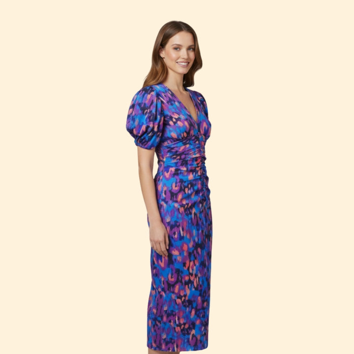 Women’s Puff Sleeve Midi Dress with V-Neckline