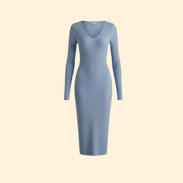 Women's Ribbed Bodycon Midi Dress with V-Neck
