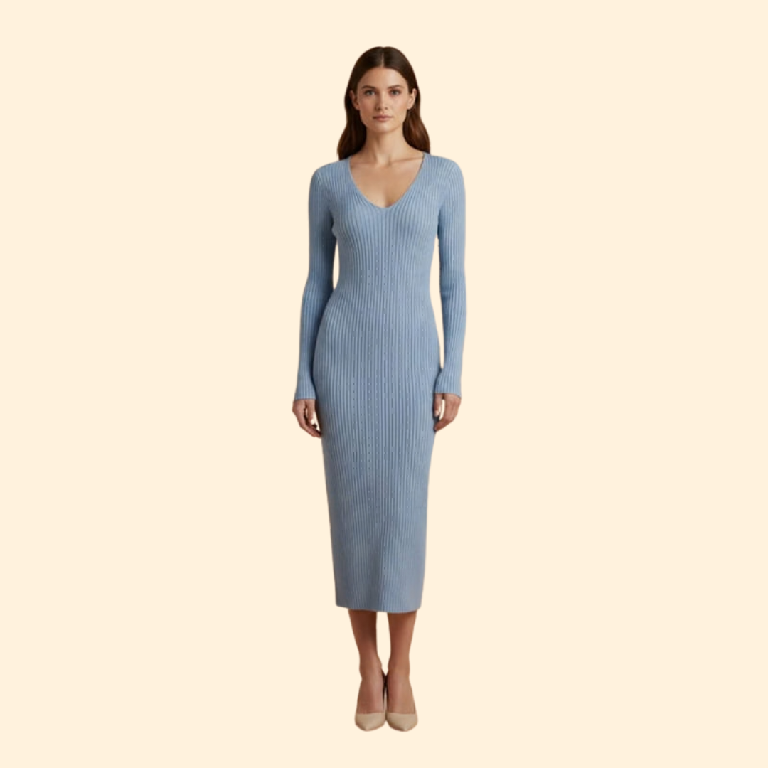 Women's Ribbed Bodycon Midi Dress with V-Neck