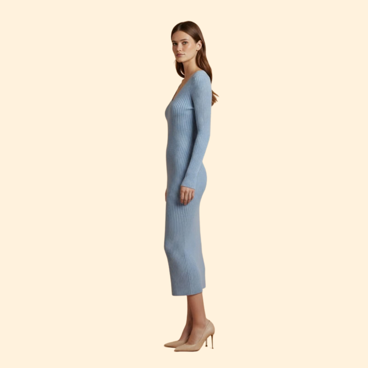 Women's Ribbed Bodycon Midi Dress with V-Neck