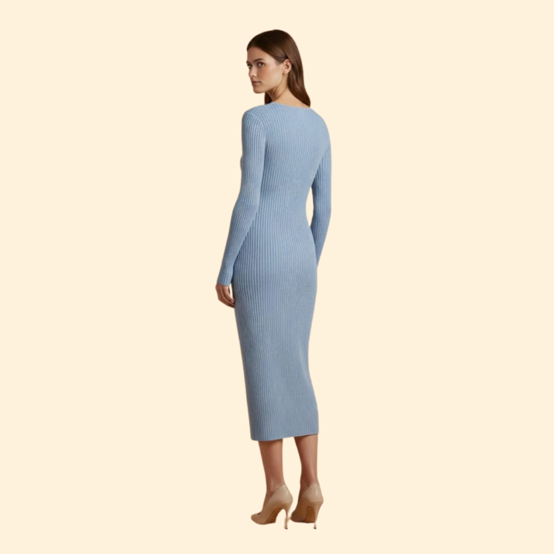 Women's Ribbed Bodycon Midi Dress with V-Neck