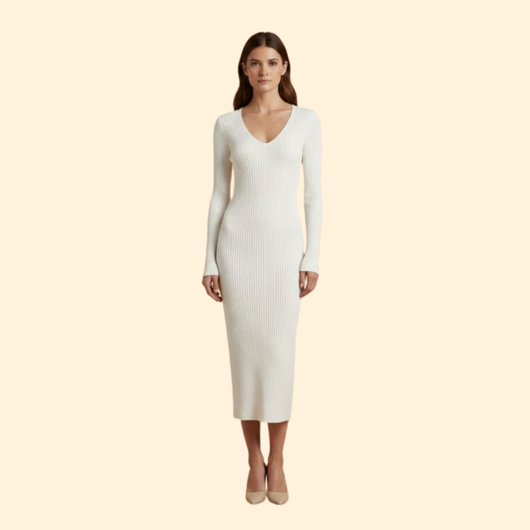 Women's Ribbed Bodycon Midi Dress with V-Neck
