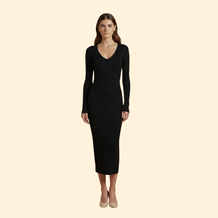 Women's Ribbed Bodycon Midi Dress with V-Neck