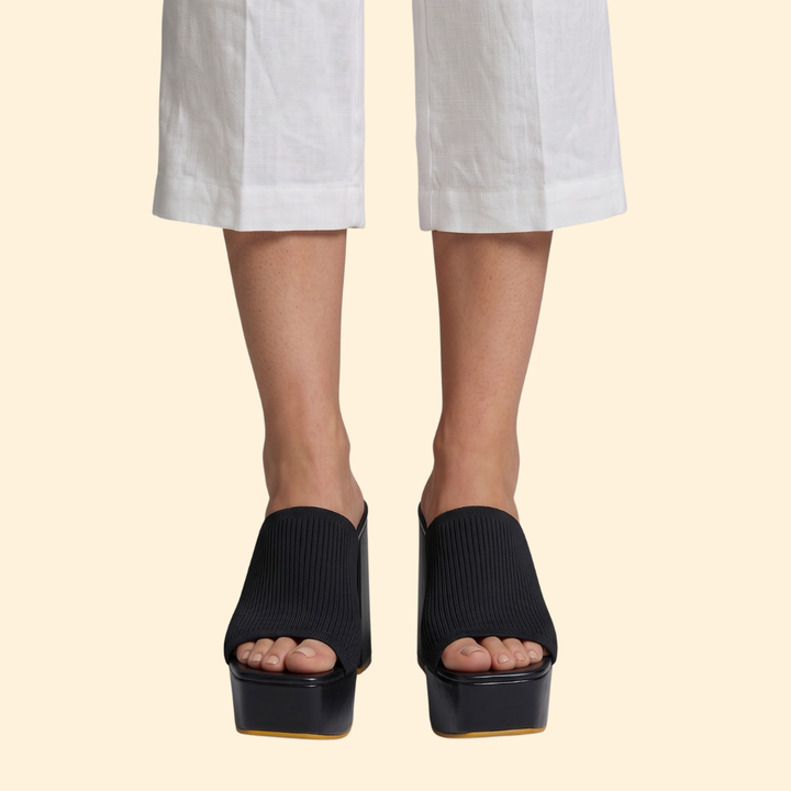 Women's Ribbed Platform Mules with Chunky Heel