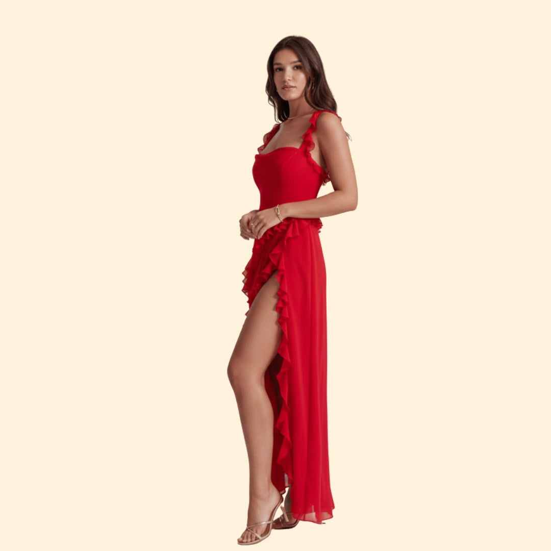 Women’s Ruffle Maxi Dress with High Slit