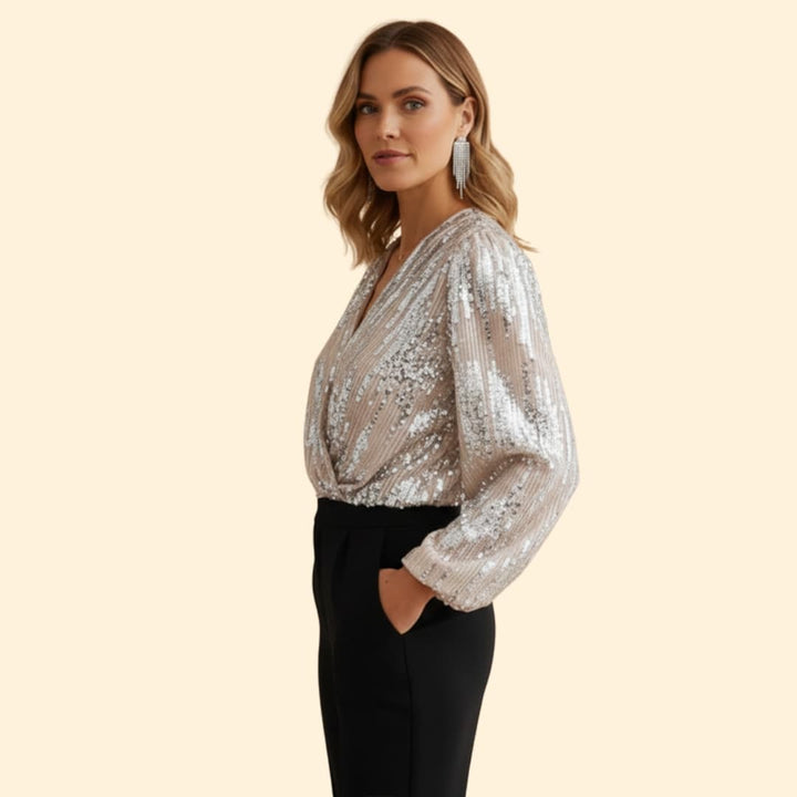 Women’s Sequin Blouse with V-neck Design