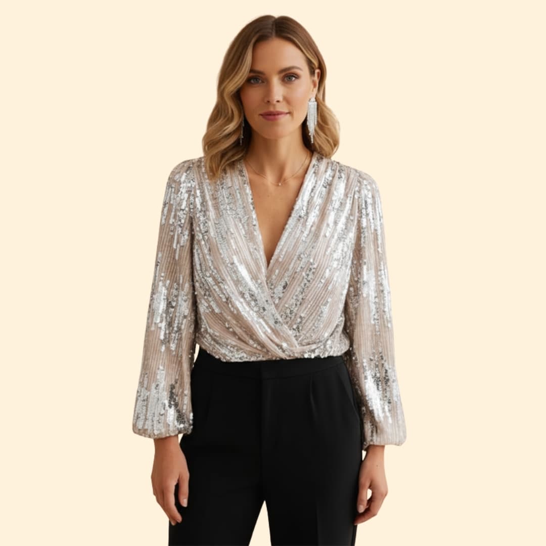 Women’s Sequin Blouse with V-neck Design