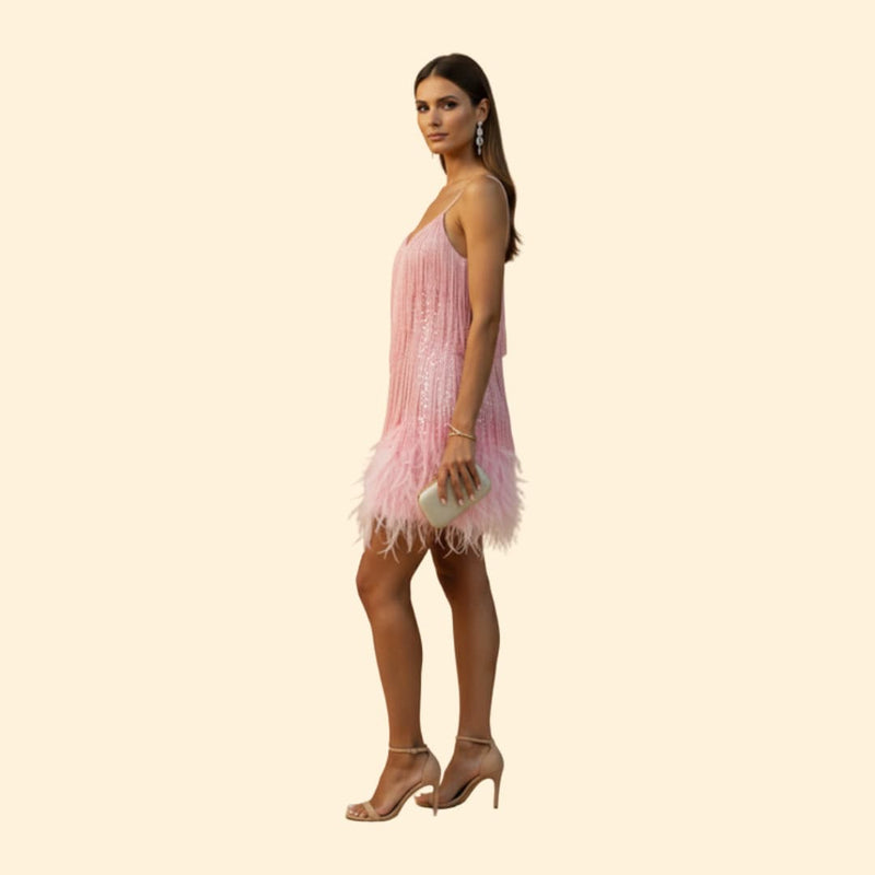 Women's Sequin Dress with Feather Trim