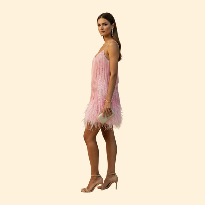 Women's Sequin Dress with Feather Trim