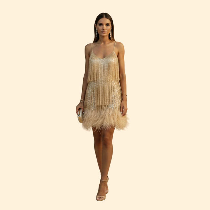 Women's Sequin Dress with Feather Trim