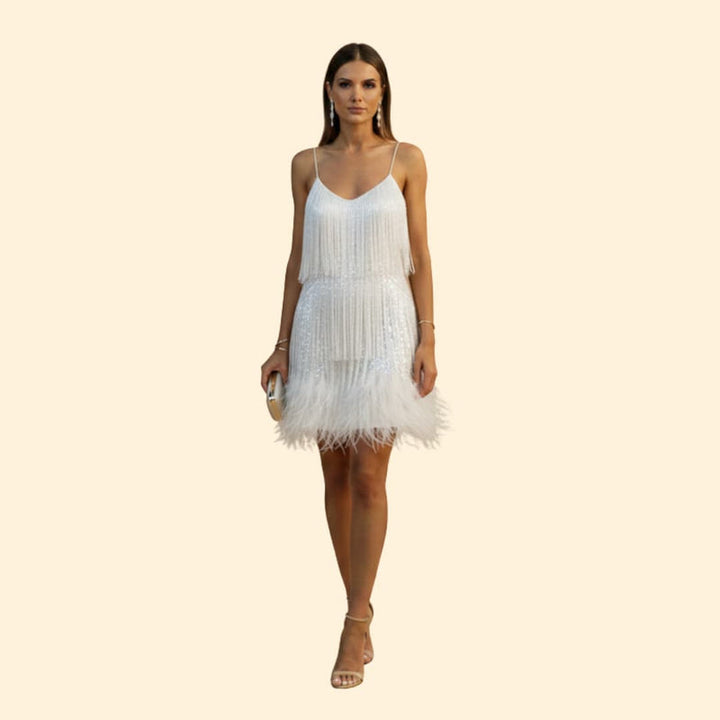 Women's Sequin Dress with Feather Trim