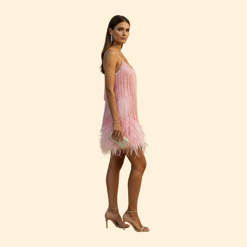 Women's Sequin Dress with Feather Trim