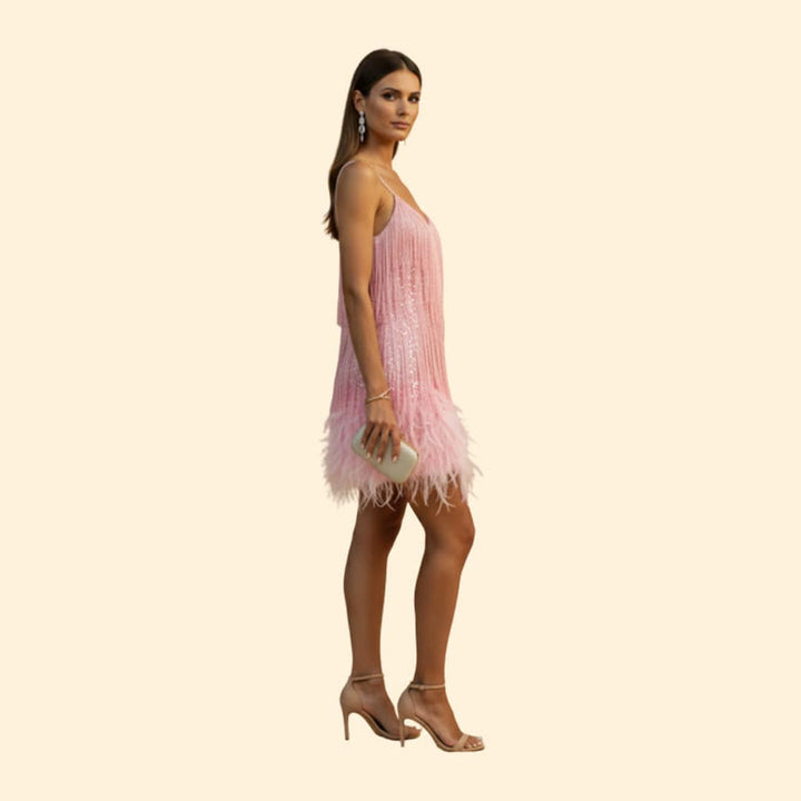 Women's Sequin Dress with Feather Trim