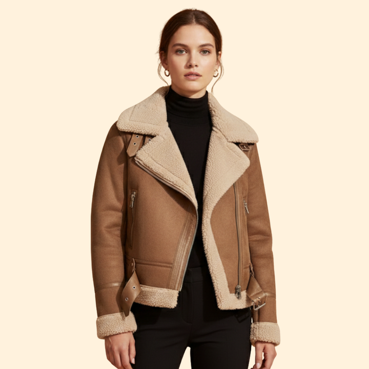 Women’s Sherpa Bomber Jacket with Foldover Collar