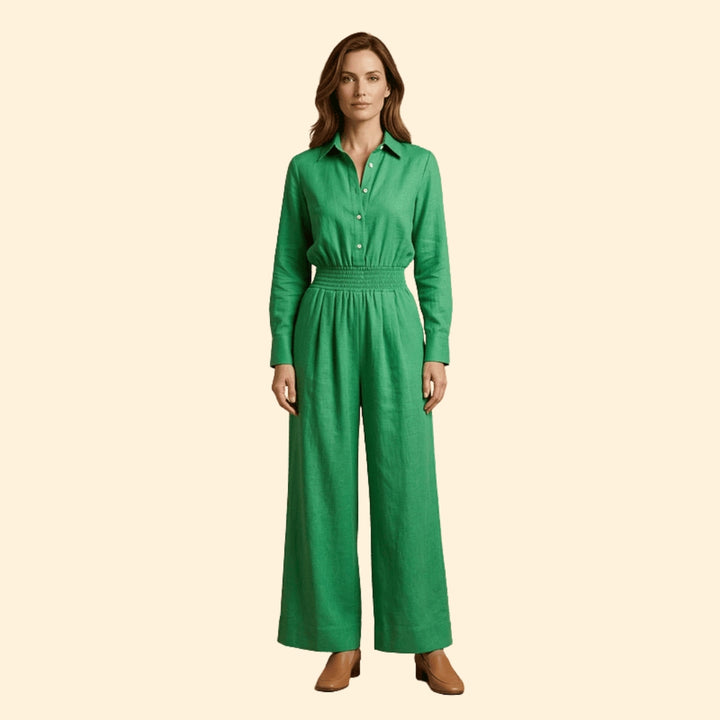 Women’s Shirt Collar Jumpsuit with Front Button Fastening