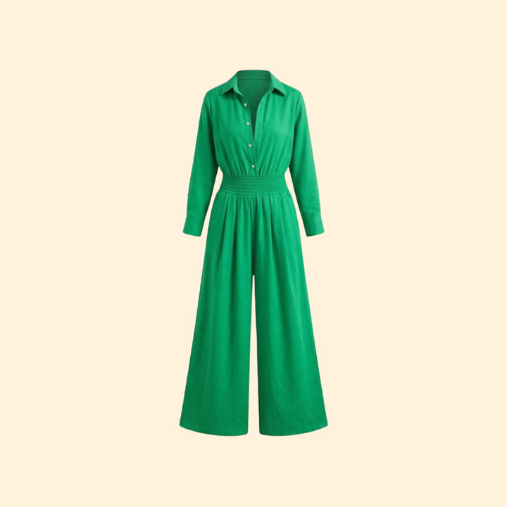 Women’s Shirt Collar Jumpsuit with Front Button Fastening