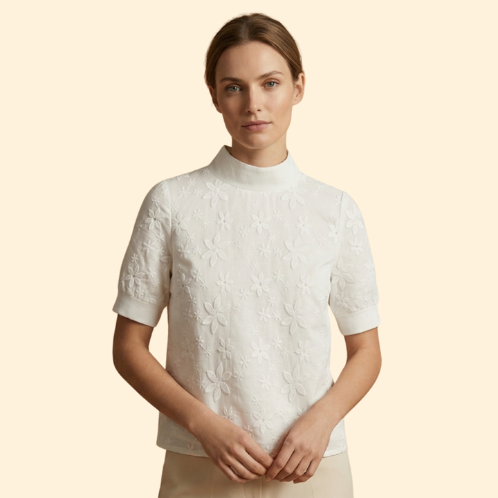 Women’s Short Sleeve Blouse with Stand Collar